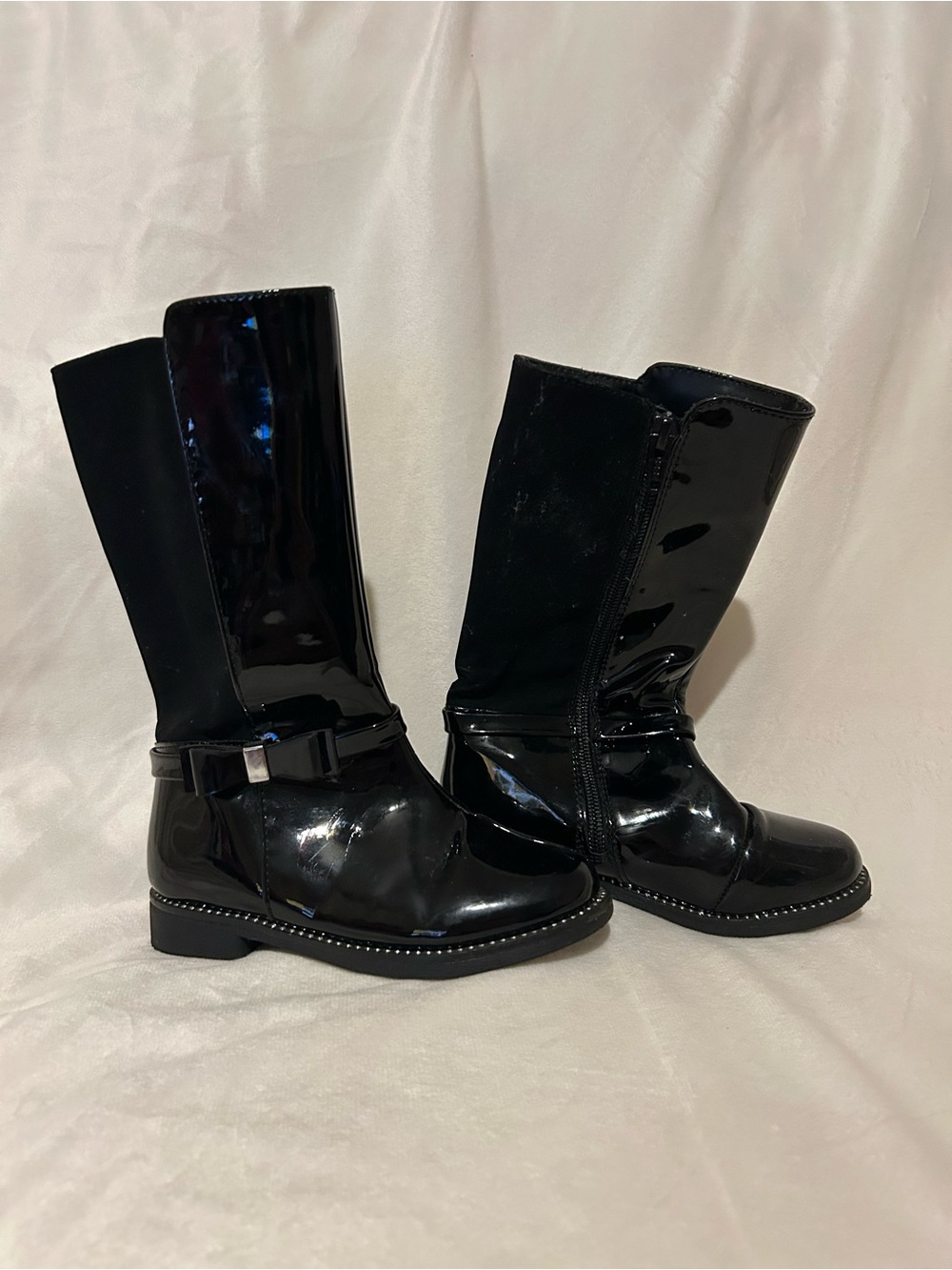 Women’s Black Patent Mid-Calf Boots with Decorative Bow